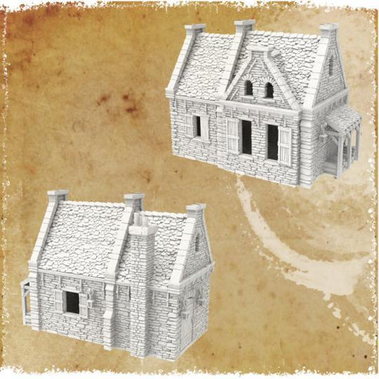 A detailed 3D model of a colonial-style house with stone walls, a steep roof, and a small porch. The interior is a single large room with wooden floors and a hearth, reflecting late 1700s architecture.