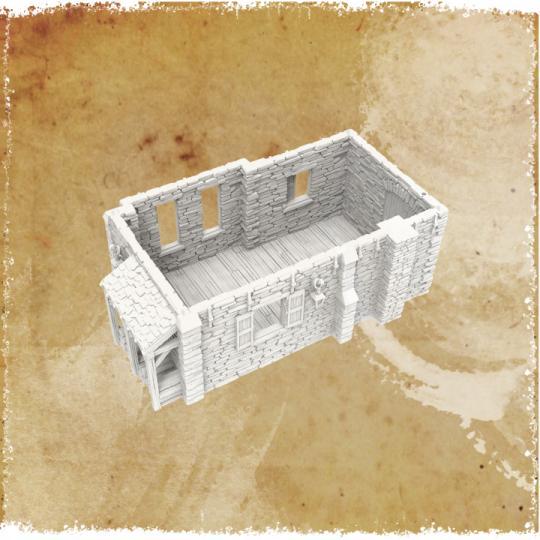 A detailed 3D model of a colonial-style house with stone walls, a steep roof, and a small porch. The interior is a single large room with wooden floors and a hearth, reflecting late 1700s architecture.