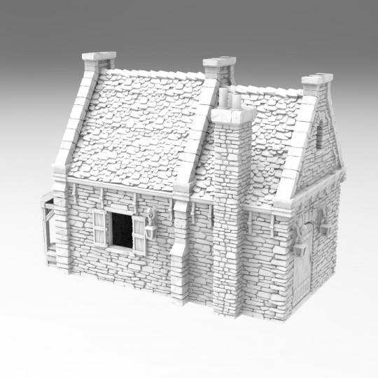 A detailed 3D model of a colonial-style house with stone walls, a steep roof, and a small porch. The interior is a single large room with wooden floors and a hearth, reflecting late 1700s architecture.