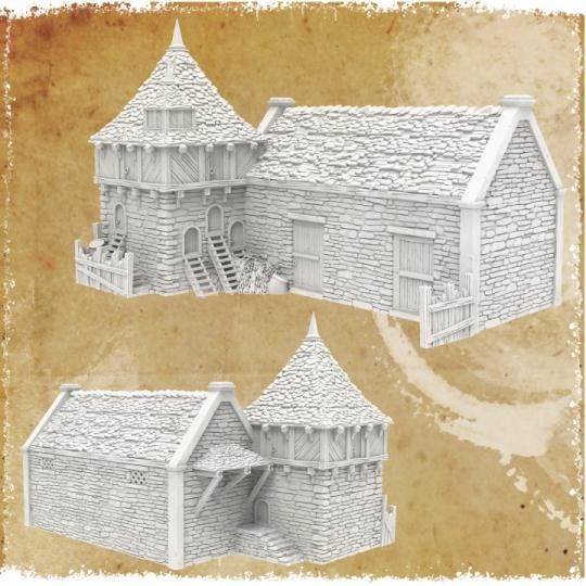 Greendale Pigsty and Chicken Coop model shows a rustic stone exterior with a conical roofed chicken coop and adjacent larger building. The interior features separate areas for animal sheltering and feed storage.