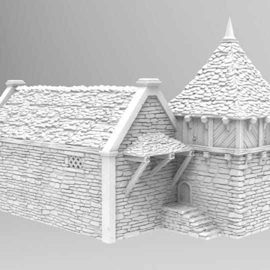 Greendale Pigsty and Chicken Coop model shows a rustic stone exterior with a conical roofed chicken coop and adjacent larger building. The interior features separate areas for animal sheltering and feed storage.