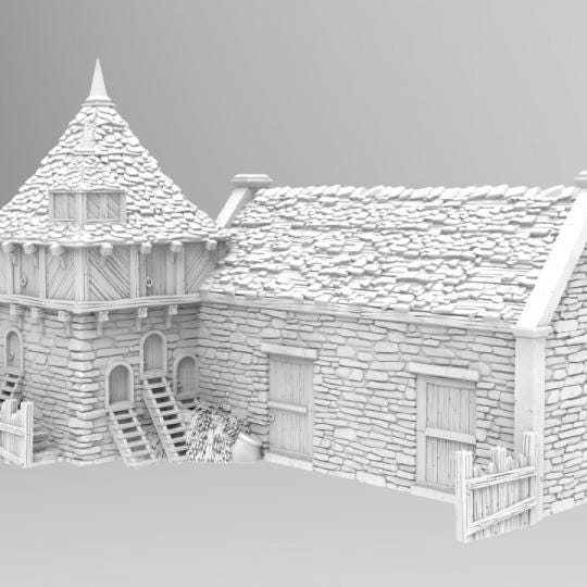 Greendale Pigsty and Chicken Coop model shows a rustic stone exterior with a conical roofed chicken coop and adjacent larger building. The interior features separate areas for animal sheltering and feed storage.