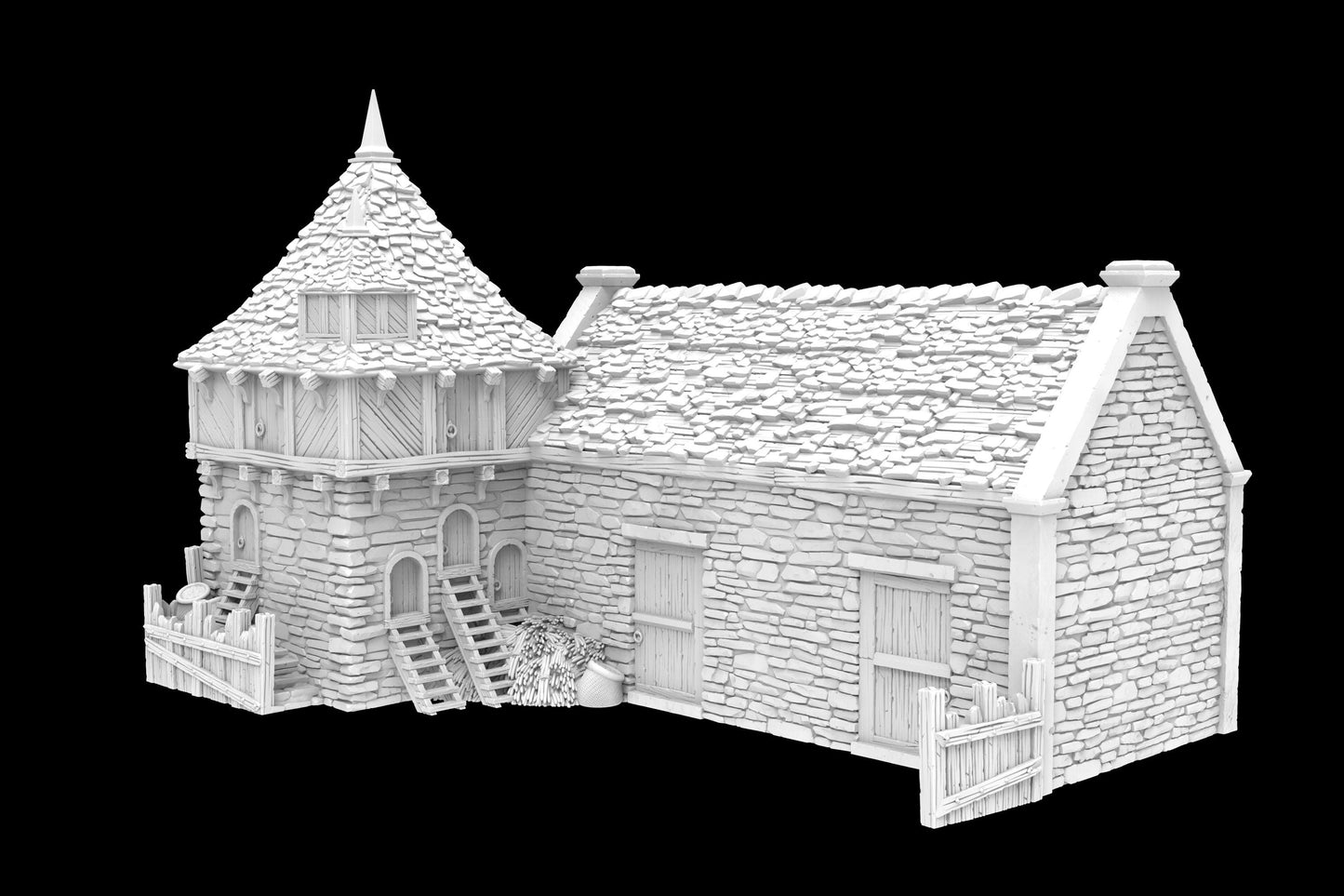 Greendale Pigsty and Chicken Coop model shows a rustic stone exterior with a conical roofed chicken coop and adjacent larger building. The interior features separate areas for animal sheltering and feed storage.