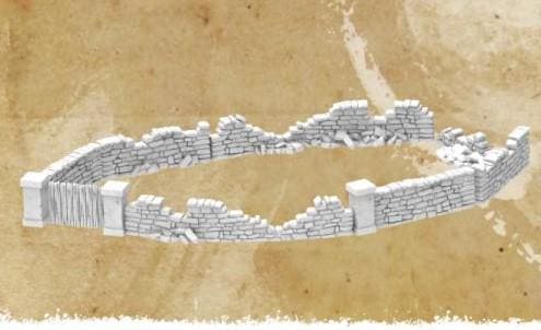 Stone Crumbled Walls set includes standalone columns, gated entrances, and various wall segments with realistic crumbling textures. The detailed stonework adds an authentic look to ancient ruins or decayed defenses, perfect for immersive tabletop