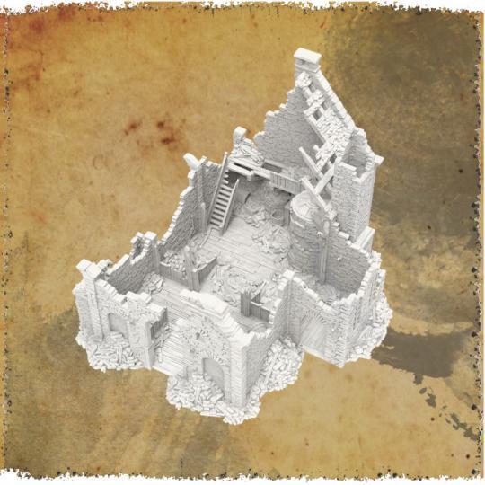 Moore&#39;s Brewery Ruin features crumbling stone walls, exposed beams, and scattered debris. The structure showcases detailed stone textures and remnants of brewing equipment, perfect for adding a haunted industrial feel to any tabletop game setting.