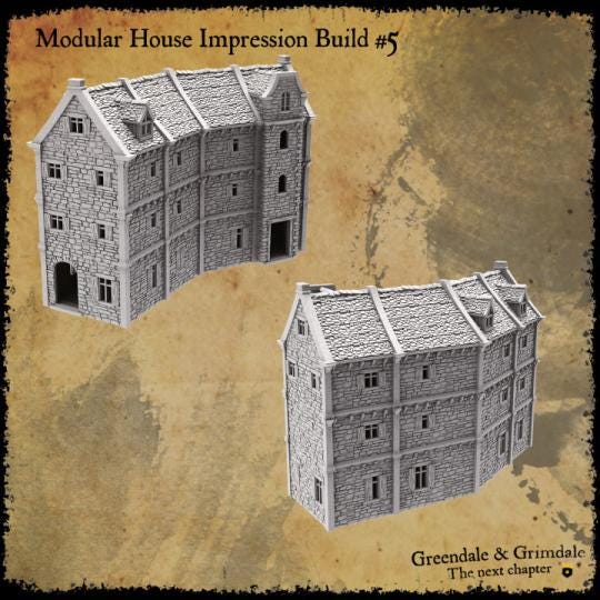 The modular building set includes a variety of stone-textured pieces with options for windows, doors, and roofs, allowing for the construction of up to nine distinct medieval-style buildings, perfect for creating immersive tabletop scenarios.