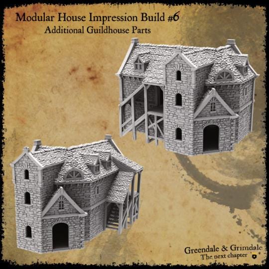 The modular building set includes a variety of stone-textured pieces with options for windows, doors, and roofs, allowing for the construction of up to nine distinct medieval-style buildings, perfect for creating immersive tabletop scenarios.