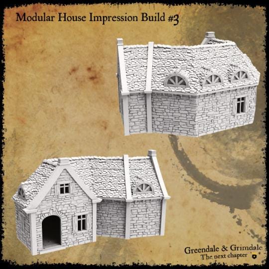 The modular building set includes a variety of stone-textured pieces with options for windows, doors, and roofs, allowing for the construction of up to nine distinct medieval-style buildings, perfect for creating immersive tabletop scenarios.