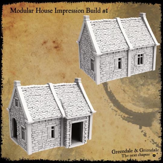 The modular building set includes a variety of stone-textured pieces with options for windows, doors, and roofs, allowing for the construction of up to nine distinct medieval-style buildings, perfect for creating immersive tabletop scenarios.