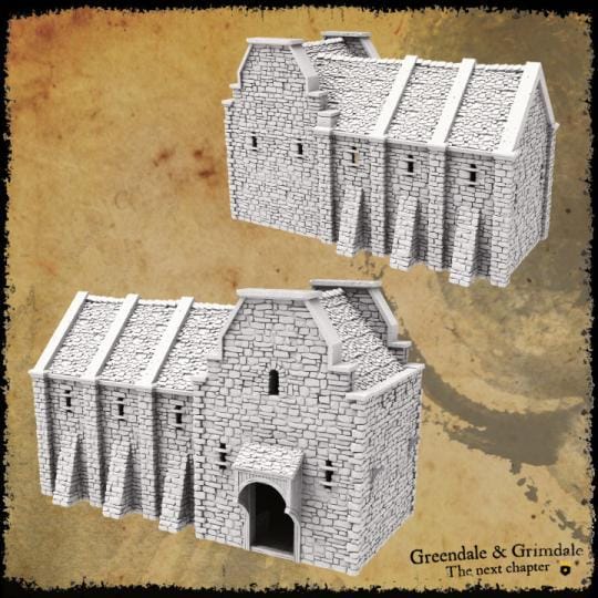 A detailed medieval armory featuring stone walls, a large gateway, weapon racks, a barrel of arrows, and a sharpening wheel. Ideal for enhancing tabletop RPGs and wargames with realistic and immersive scenery.