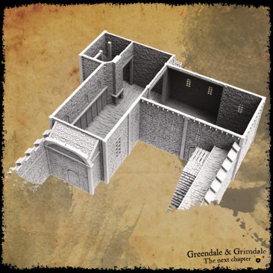 Greendale Castle features a large central keep, fortified walls with crenellations, and defensive towers. The castle includes detailed rooms, staircases, and battlements, offering both exterior and interior play options.