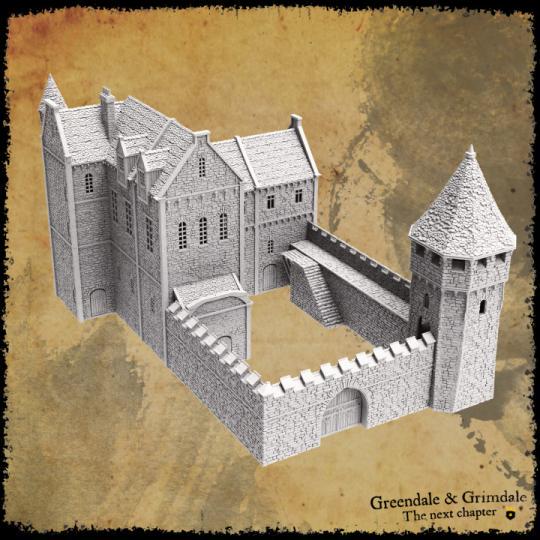 Greendale Castle features a large central keep, fortified walls with crenellations, and defensive towers. The castle includes detailed rooms, staircases, and battlements, offering both exterior and interior play options.