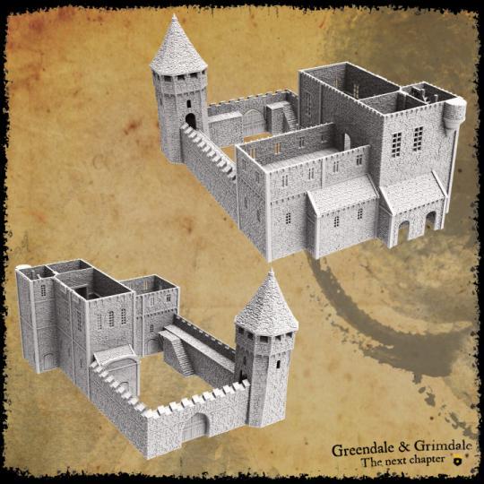 Greendale Castle features a large central keep, fortified walls with crenellations, and defensive towers. The castle includes detailed rooms, staircases, and battlements, offering both exterior and interior play options.