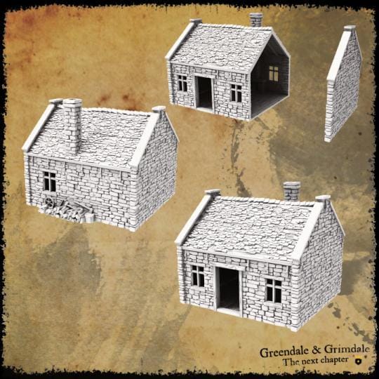 A detailed 16th-century farmhouse model featuring a stone exterior with wooden accents, arched doorways, and a separate barn area. The interior includes spacious rooms and a cozy fireplace, perfect for enhancing rural gaming settings.