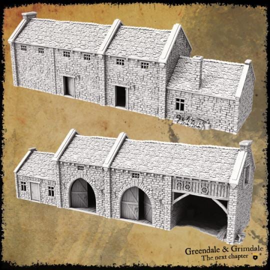 A detailed 16th-century farmhouse model featuring a stone exterior with wooden accents, arched doorways, and a separate barn area. The interior includes spacious rooms and a cozy fireplace, perfect for enhancing rural gaming settings.