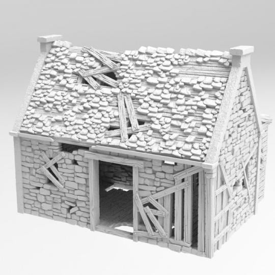 A set of dilapidated buildings showcasing crumbling stone walls, broken wooden supports, and partially collapsed roofs, perfect for historical and fantasy tabletop games.