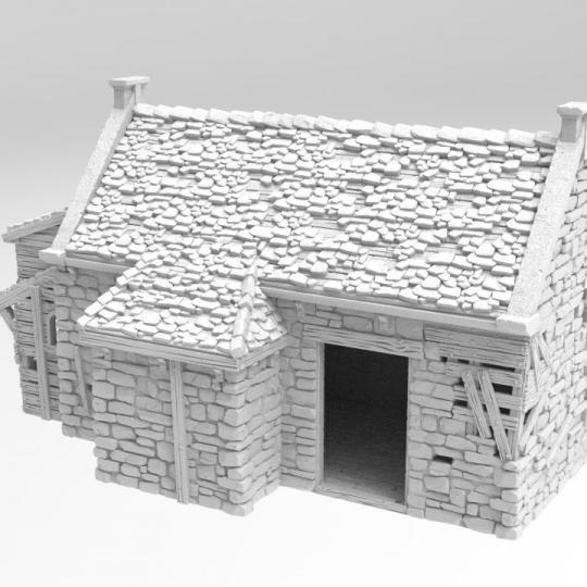 A set of dilapidated buildings showcasing crumbling stone walls, broken wooden supports, and partially collapsed roofs, perfect for historical and fantasy tabletop games.