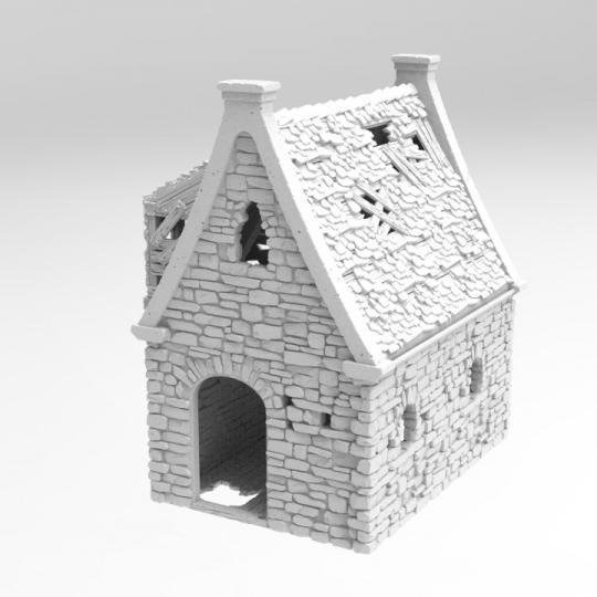 A set of dilapidated buildings showcasing crumbling stone walls, broken wooden supports, and partially collapsed roofs, perfect for historical and fantasy tabletop games.