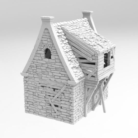 A set of dilapidated buildings showcasing crumbling stone walls, broken wooden supports, and partially collapsed roofs, perfect for historical and fantasy tabletop games.