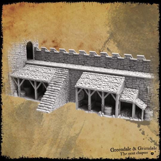 Detailed medieval stable and storage structure featuring stone walls, crenellations, and wooden supports, perfect for enhancing tabletop games with historical accuracy and fantasy elements. Ideal for D&D, model railroading, and wargaming setups.