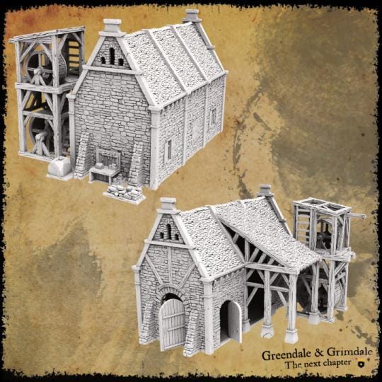 A detailed medieval stone crafting workshop with a stone and timber exterior, complete with stone blocks, a stone-cutting wheel, and a wooden scaffold, perfect for enhancing historical or fantasy tabletop games.