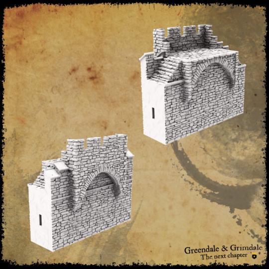 Medieval-style stone walls with a large gatehouse, round and square towers, and bastions, featuring detailed stone textures and crenellations, perfect for historical and fantasy tabletop settings.