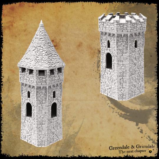 Medieval-style stone walls with a large gatehouse, round and square towers, and bastions, featuring detailed stone textures and crenellations, perfect for historical and fantasy tabletop settings.