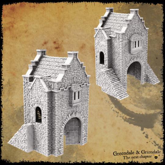 Medieval-style stone walls with a large gatehouse, round and square towers, and bastions, featuring detailed stone textures and crenellations, perfect for historical and fantasy tabletop settings.