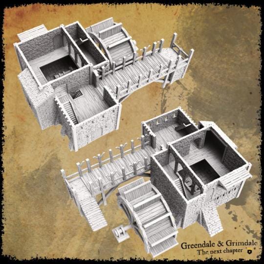 The Woodmill features a multi-level structure with a detailed stone and wood exterior. The operational water wheel adds a dynamic element to the model, perfect for historical or fantasy settings