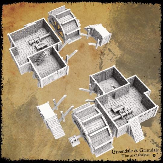 The Woodmill features a multi-level structure with a detailed stone and wood exterior. The operational water wheel adds a dynamic element to the model, perfect for historical or fantasy settings