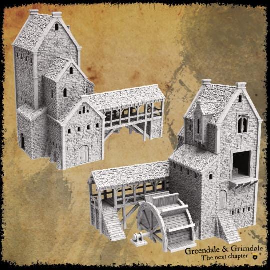 The Woodmill features a multi-level structure with a detailed stone and wood exterior. The operational water wheel adds a dynamic element to the model, perfect for historical or fantasy settings