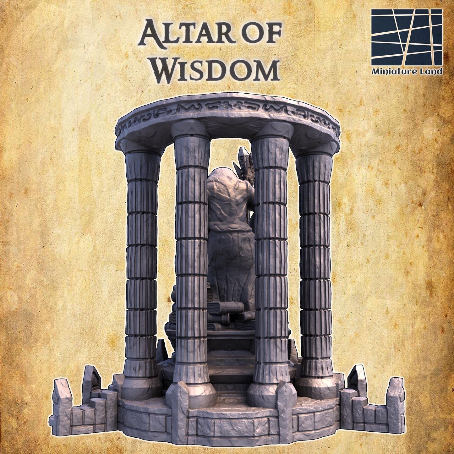 A detailed model of a mystical shrine, the Altar of Knowledge features towering columns and a central statue of a hooded figure holding a staff and book, surrounded by ancient carvings and symbols, perfect for fantasy and historical games.