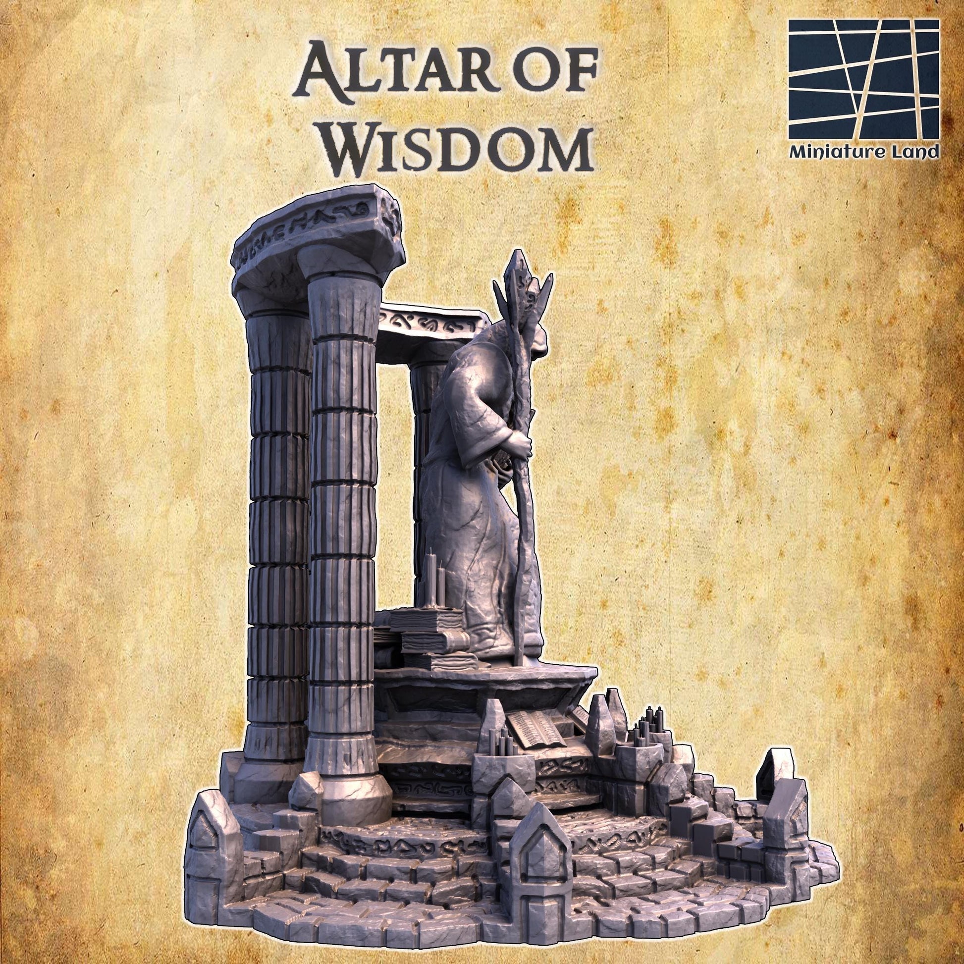 A detailed model of a mystical shrine, the Altar of Knowledge features towering columns and a central statue of a hooded figure holding a staff and book, surrounded by ancient carvings and symbols, perfect for fantasy and historical games.