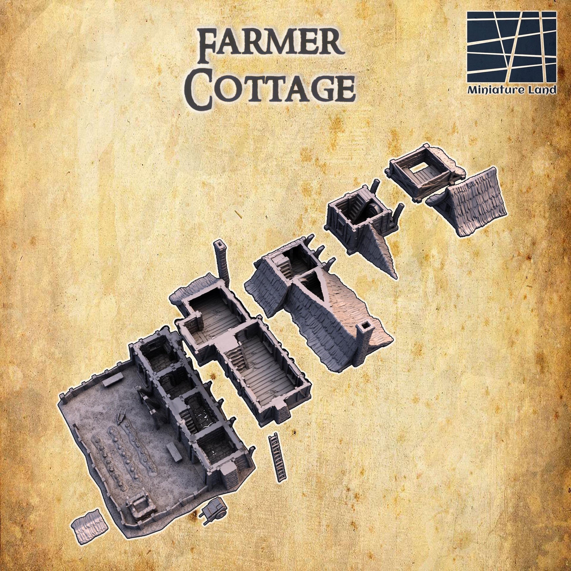 The Farmer&#39;s Cottage features a picturesque two-story design with timber framing, a thatched roof, and stone foundations. The cottage includes a fenced garden, wooden ladders, stone chimneys, and multiple interior rooms.