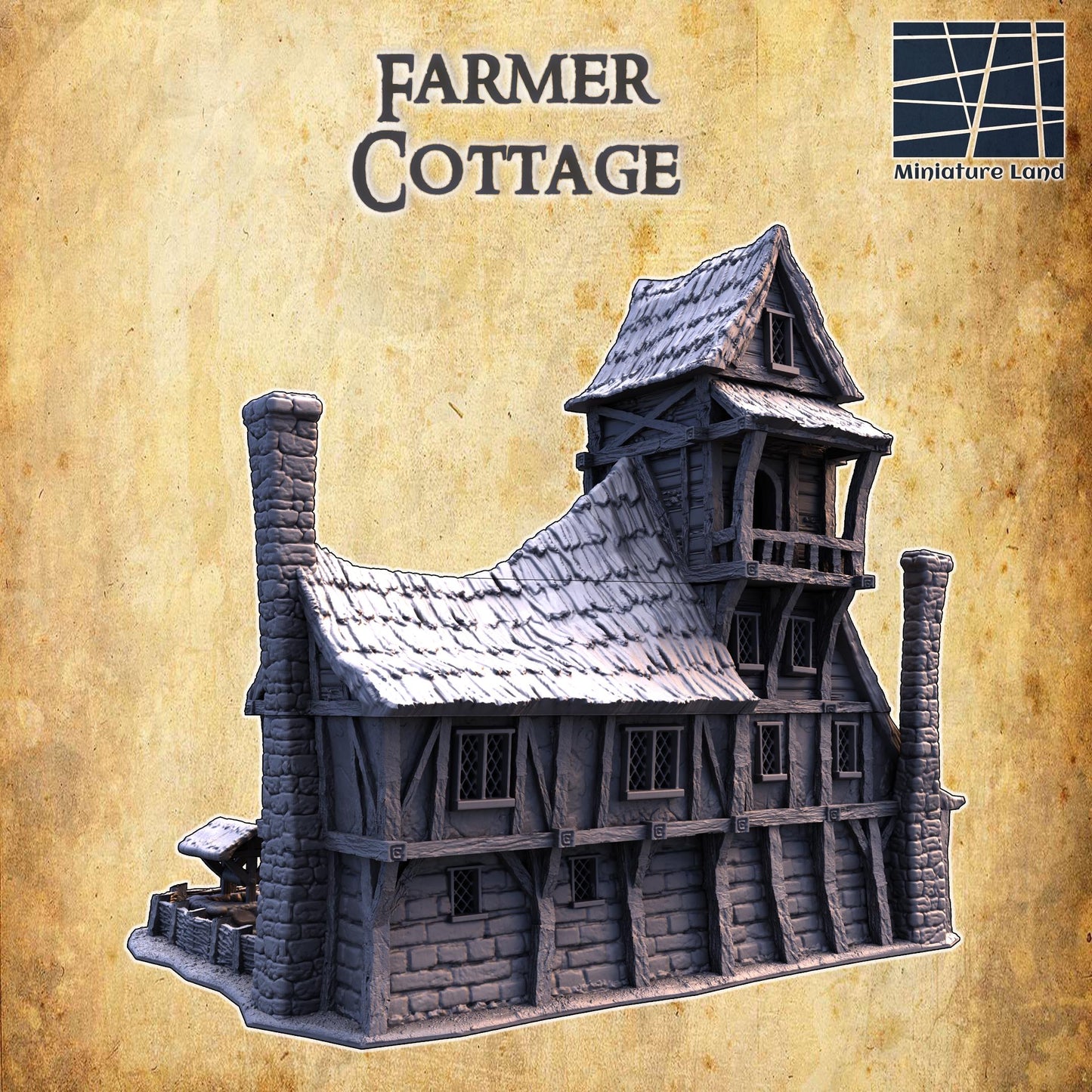 The Farmer&#39;s Cottage features a picturesque two-story design with timber framing, a thatched roof, and stone foundations. The cottage includes a fenced garden, wooden ladders, stone chimneys, and multiple interior rooms.