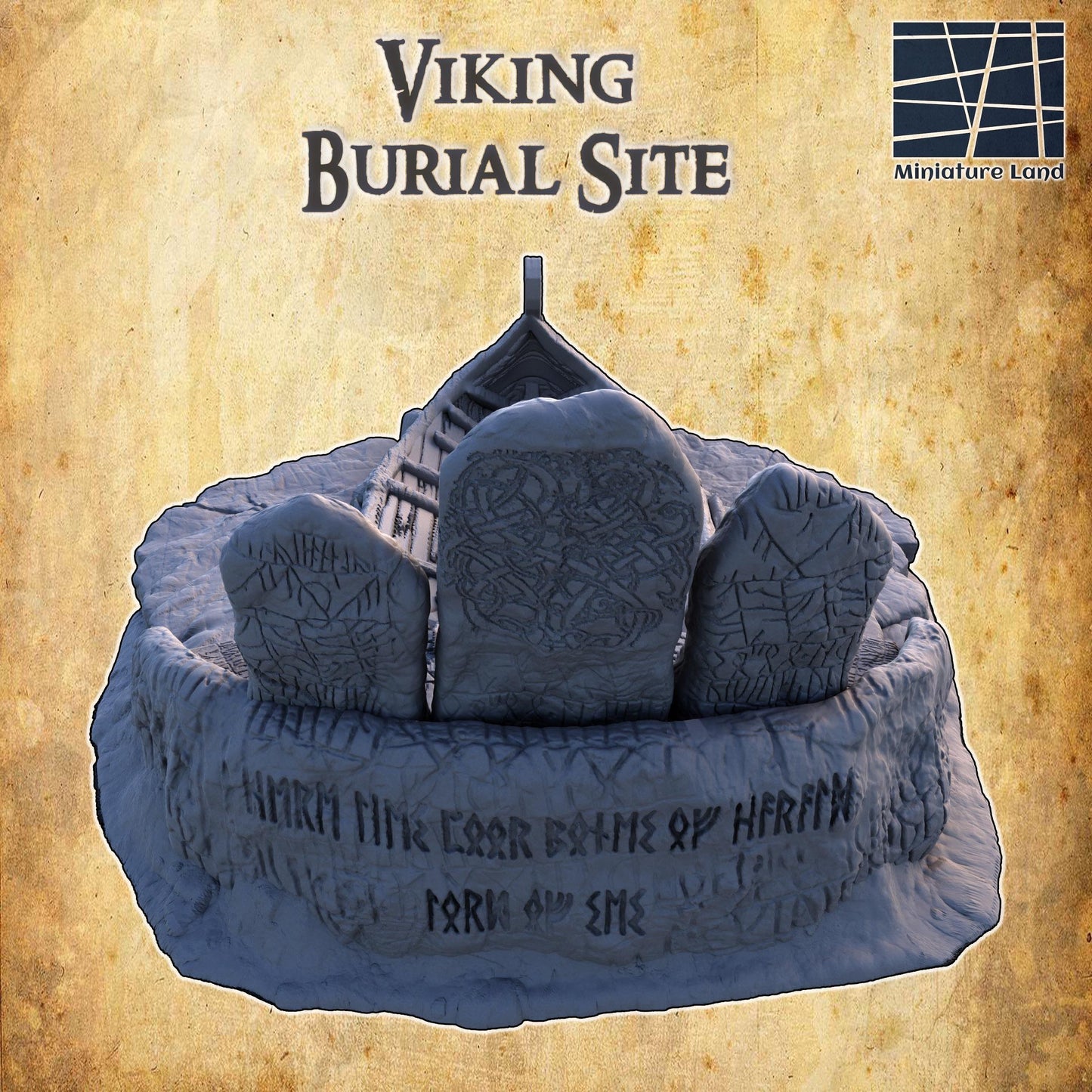 A highly detailed Viking Burial Site model featuring a central boat-shaped tomb surrounded by intricately carved runestones, a stone platform, and rugged terrain. The inscriptions on the stones enhance the ancient and mystical ambiance of the site