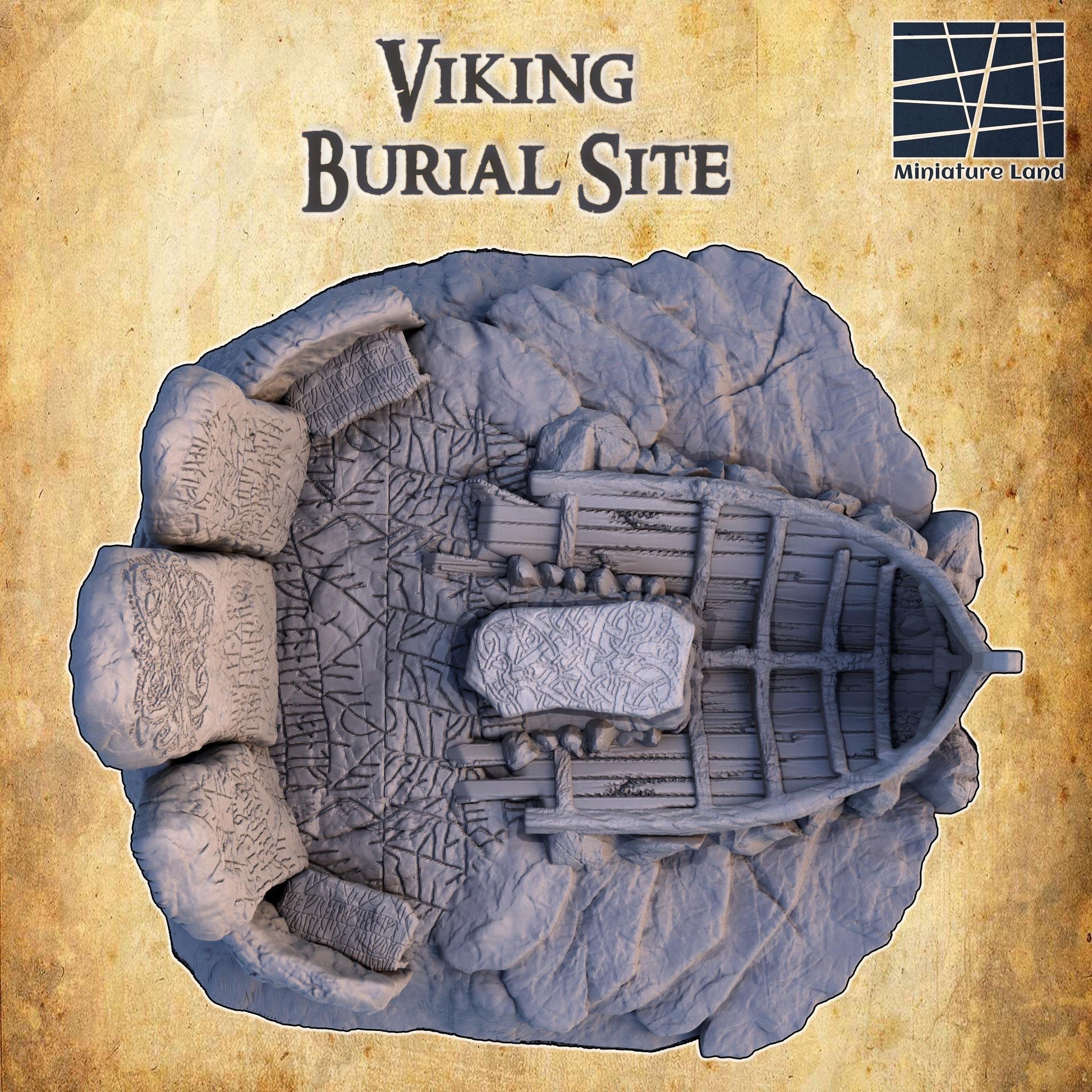 A highly detailed Viking Burial Site model featuring a central boat-shaped tomb surrounded by intricately carved runestones, a stone platform, and rugged terrain. The inscriptions on the stones enhance the ancient and mystical ambiance of the site