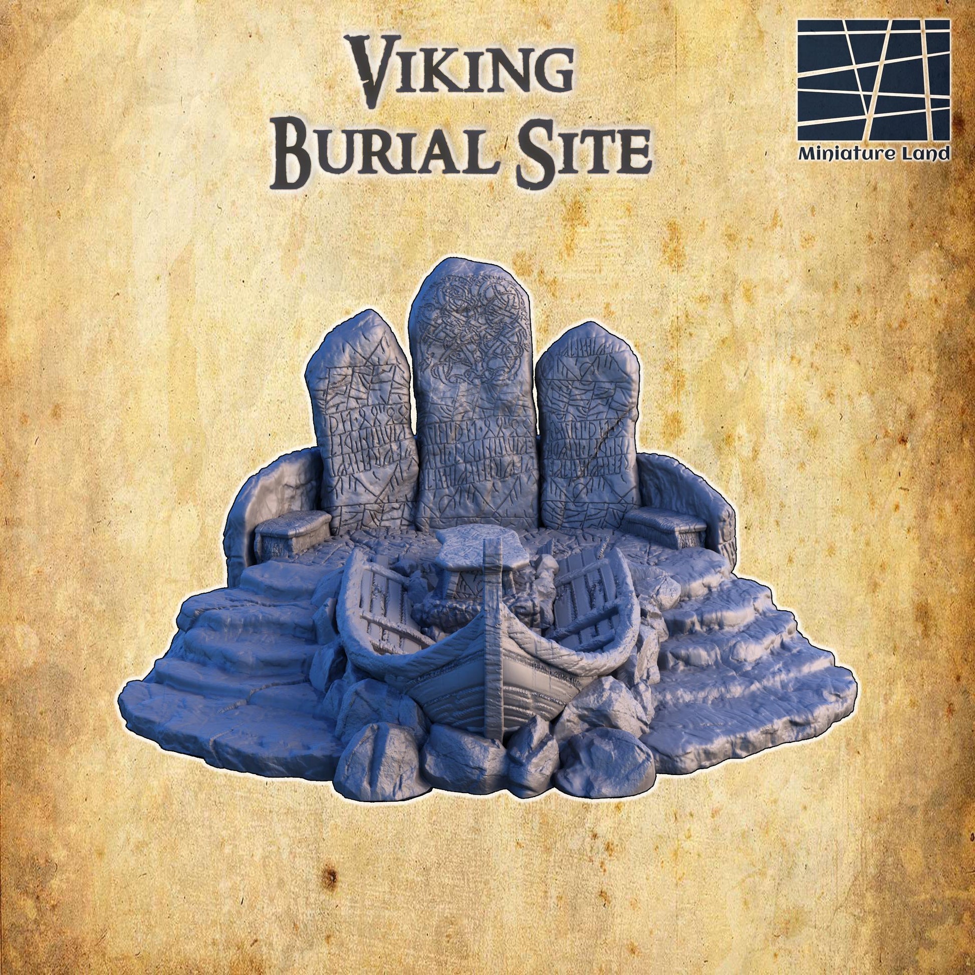 A highly detailed Viking Burial Site model featuring a central boat-shaped tomb surrounded by intricately carved runestones, a stone platform, and rugged terrain. The inscriptions on the stones enhance the ancient and mystical ambiance of the site