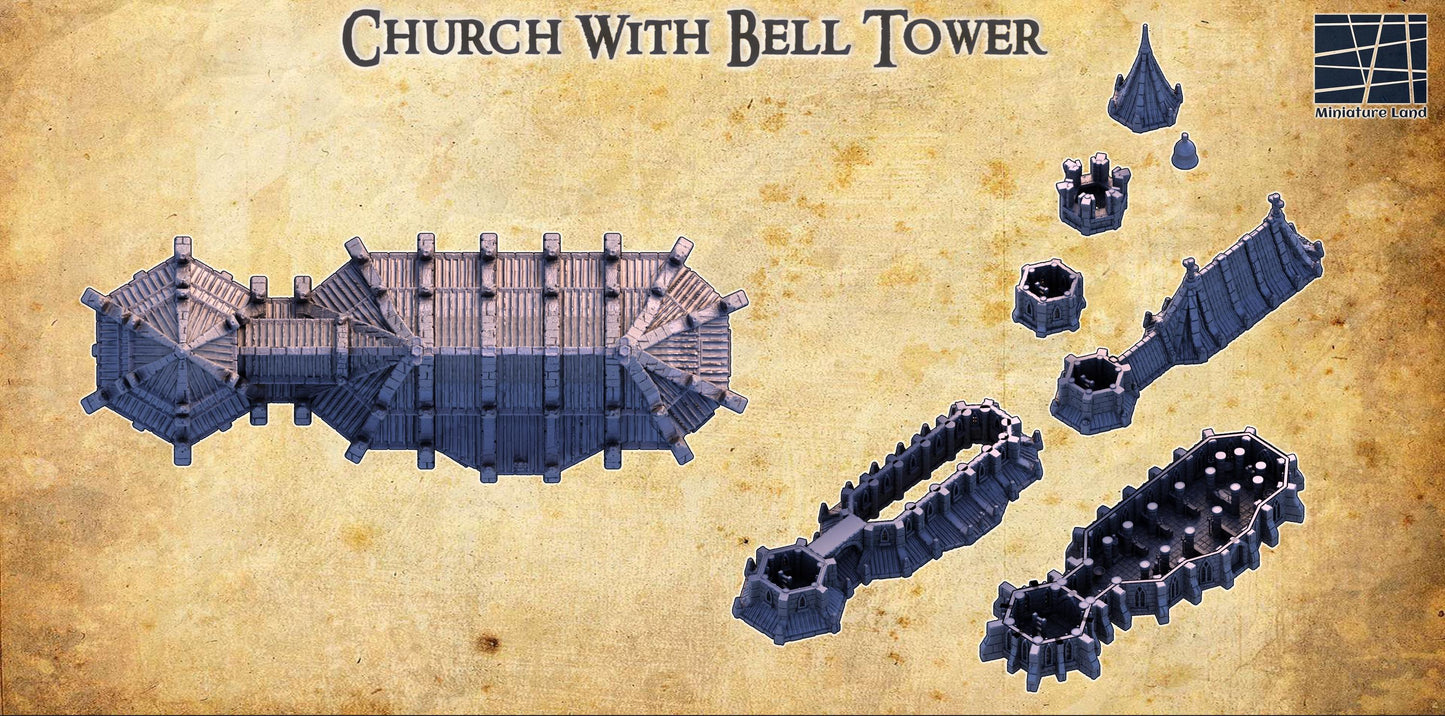 Gothic-style church with bell tower, five playable levels, detailed stonework, intricate interior, and multiple roof sections. Perfect for historical and fantasy tabletop games, enhancing immersion and storytelling.