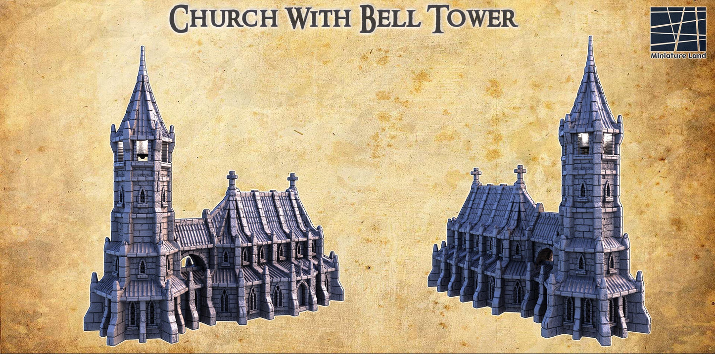 Gothic-style church with bell tower, five playable levels, detailed stonework, intricate interior, and multiple roof sections. Perfect for historical and fantasy tabletop games, enhancing immersion and storytelling.