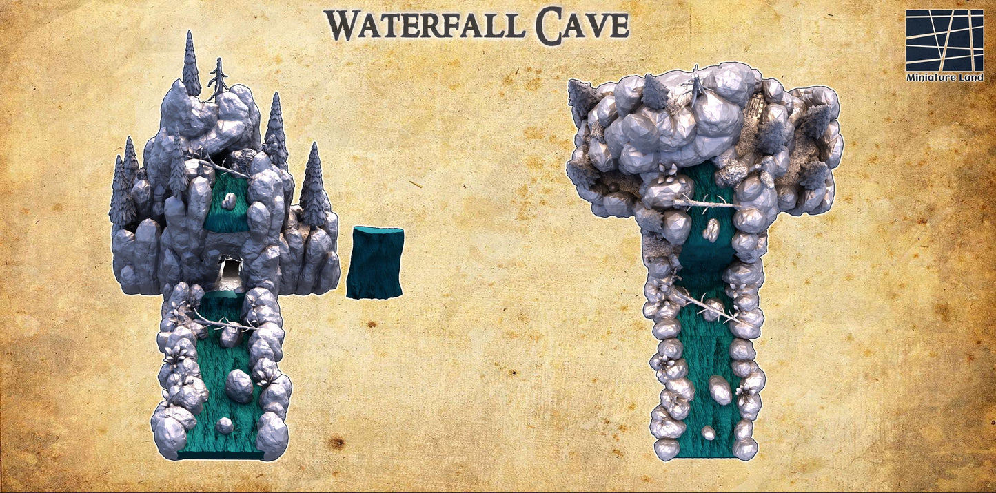 A breathtaking Waterfall Cave featuring towering rock formations and a cascading waterfall, perfect for tabletop RPGs and wargames. The model showcases a realistic natural landscape with hidden chambers and intricate details.