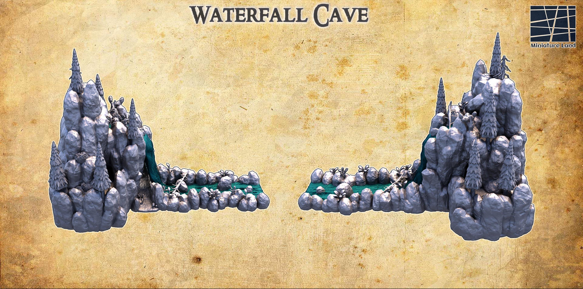 A breathtaking Waterfall Cave featuring towering rock formations and a cascading waterfall, perfect for tabletop RPGs and wargames. The model showcases a realistic natural landscape with hidden chambers and intricate details.