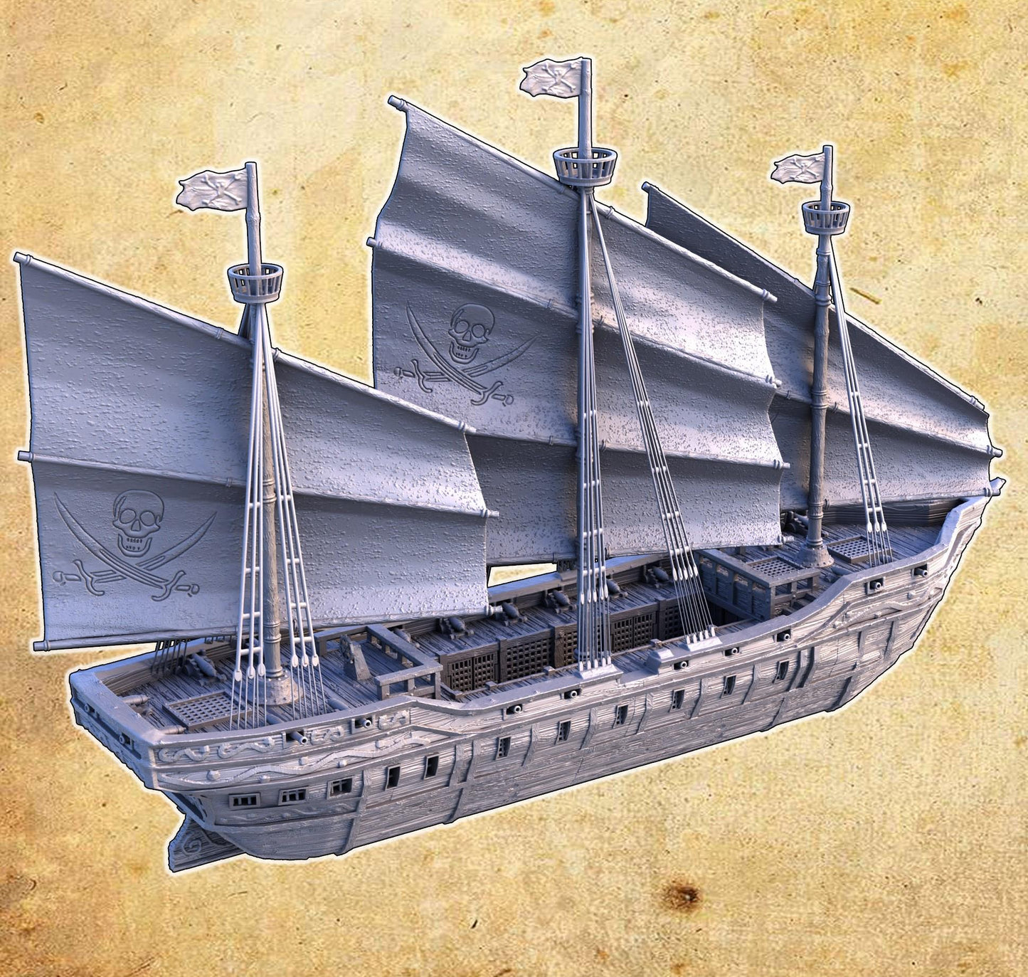 A detailed pirate slave ship model featuring three masts with skull and crossbones sails, wooden textures, and multiple playable levels, including a mid-deck with slave cells, perfect for historical and fantasy tabletop games.