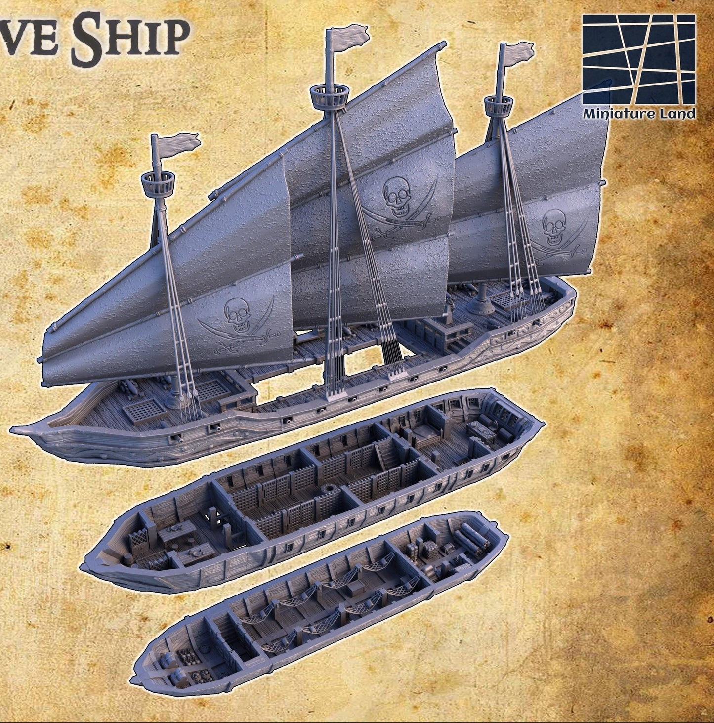 A detailed pirate slave ship model featuring three masts with skull and crossbones sails, wooden textures, and multiple playable levels, including a mid-deck with slave cells, perfect for historical and fantasy tabletop games.