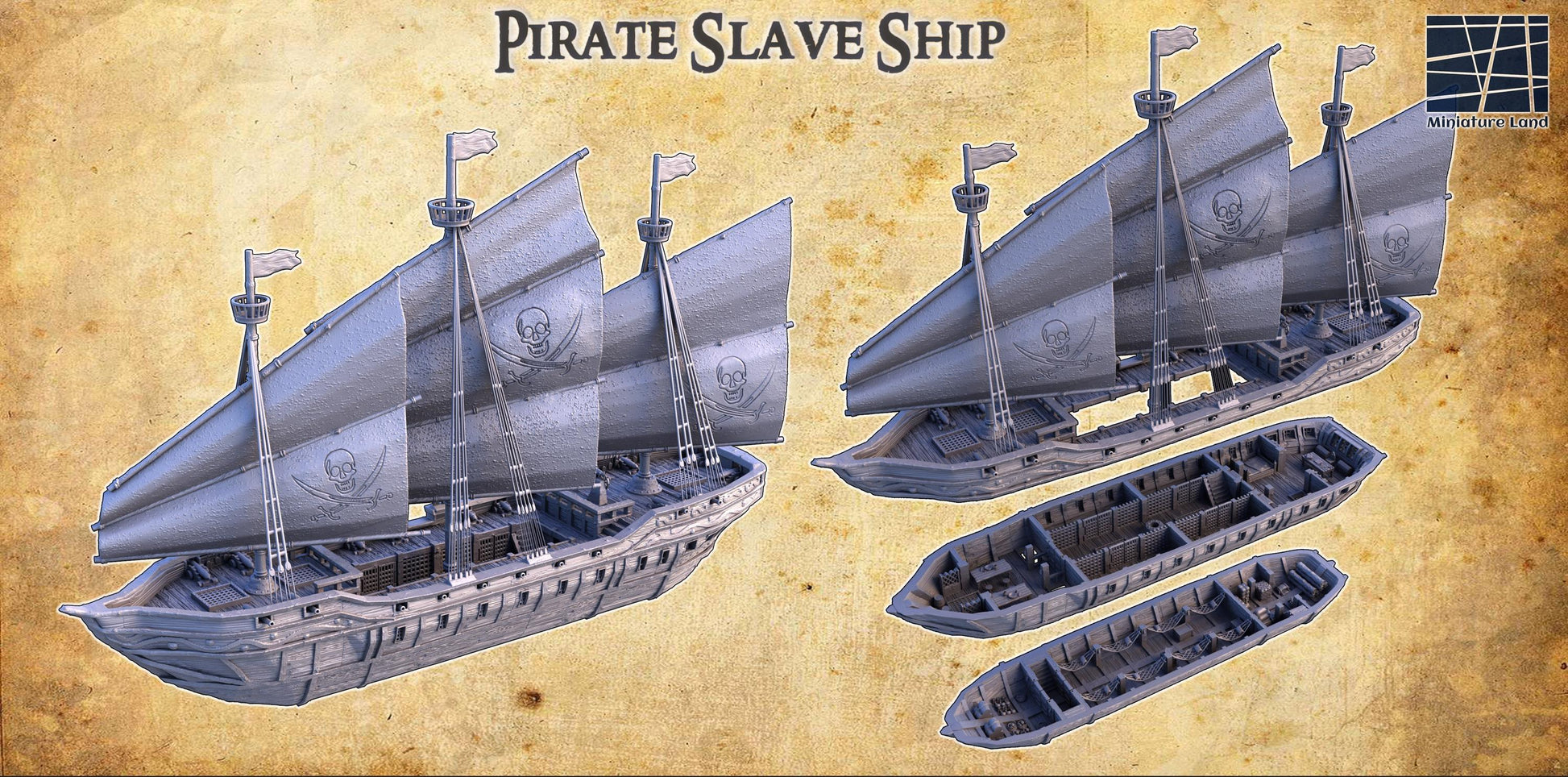 A detailed pirate slave ship model featuring three masts with skull and crossbones sails, wooden textures, and multiple playable levels, including a mid-deck with slave cells, perfect for historical and fantasy tabletop games.