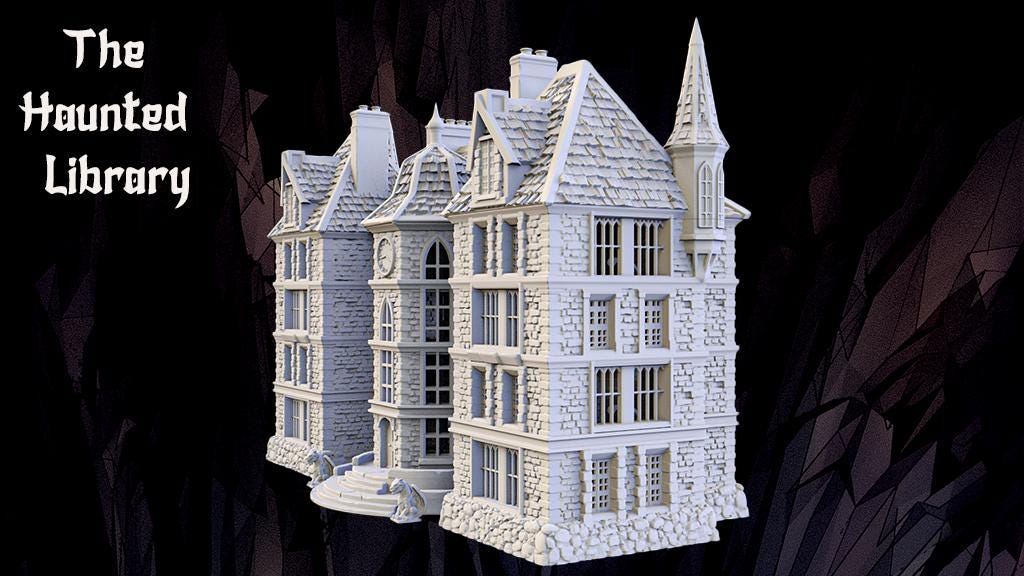 Detailed images of The Haunted Library, showcasing its Gothic architecture, intricate stonework, and multi-level layout. The model features tall spires, arched windows, and a domed roof, providing a perfect setting for tabletop adventures.