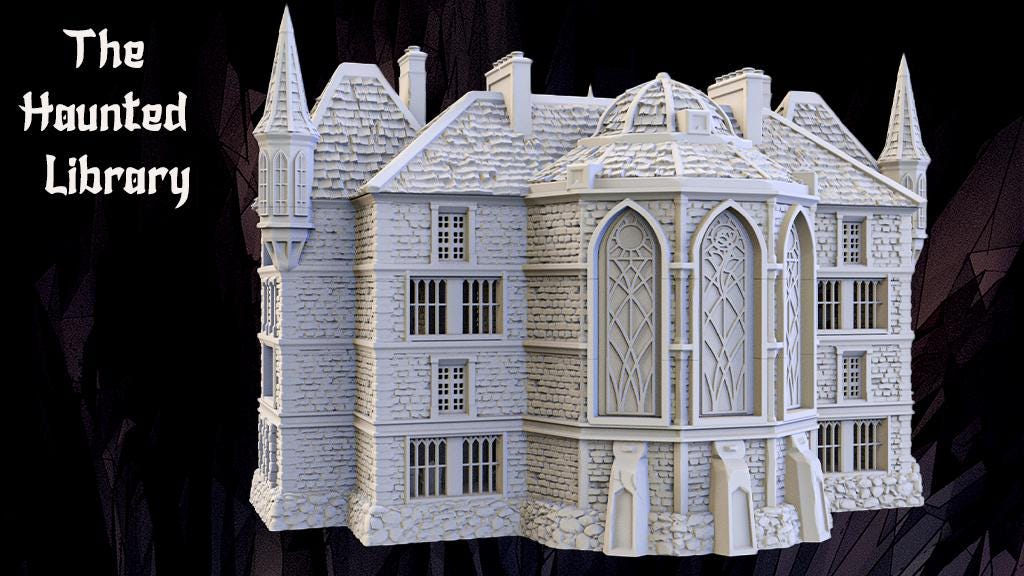 Detailed images of The Haunted Library, showcasing its Gothic architecture, intricate stonework, and multi-level layout. The model features tall spires, arched windows, and a domed roof, providing a perfect setting for tabletop adventures.