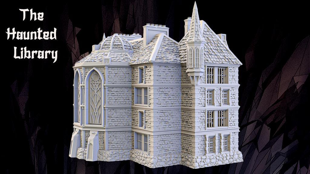 Detailed images of The Haunted Library, showcasing its Gothic architecture, intricate stonework, and multi-level layout. The model features tall spires, arched windows, and a domed roof, providing a perfect setting for tabletop adventures.