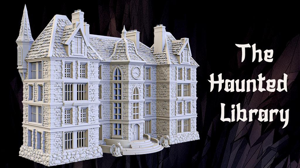 Detailed images of The Haunted Library, showcasing its Gothic architecture, intricate stonework, and multi-level layout. The model features tall spires, arched windows, and a domed roof, providing a perfect setting for tabletop adventures.