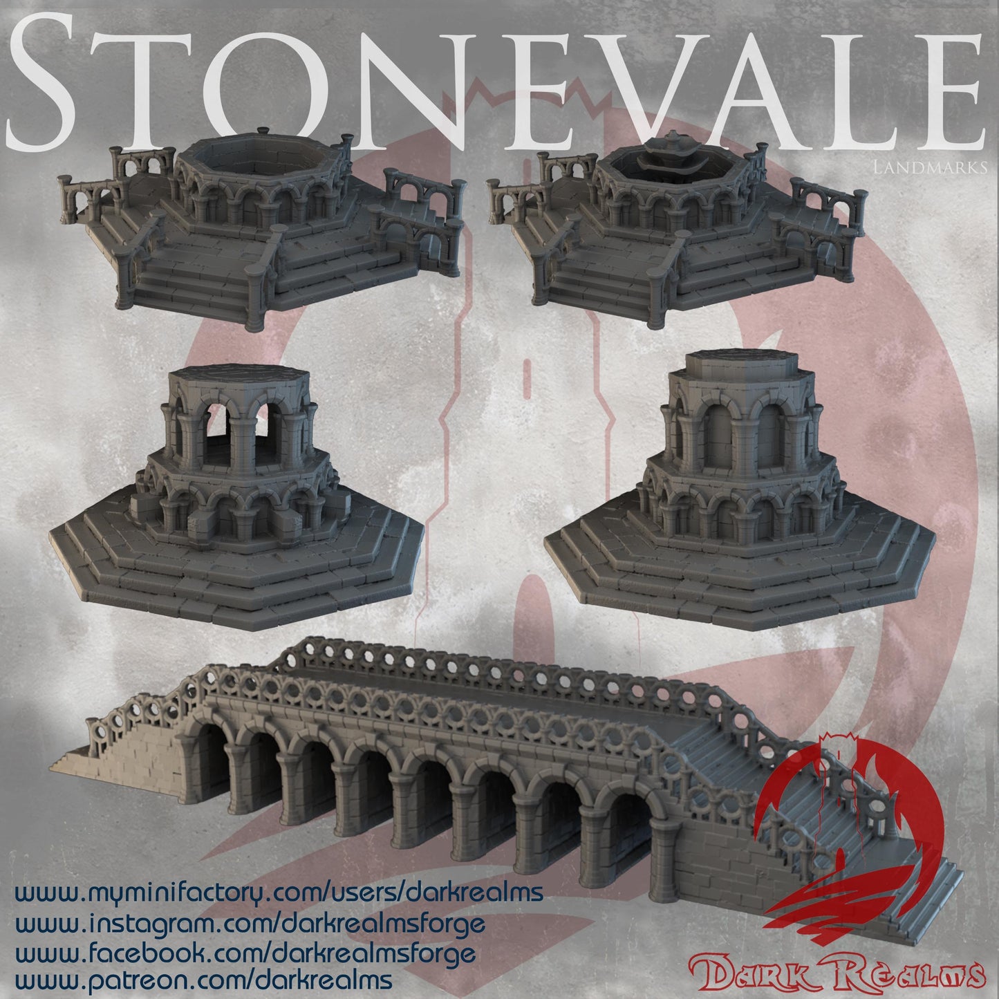 The Stonevale collection features a grand bridge and two distinct landmarks, showcasing intricate stonework and architectural details perfect for enriching any tabletop game setting. Available as a set or individually.